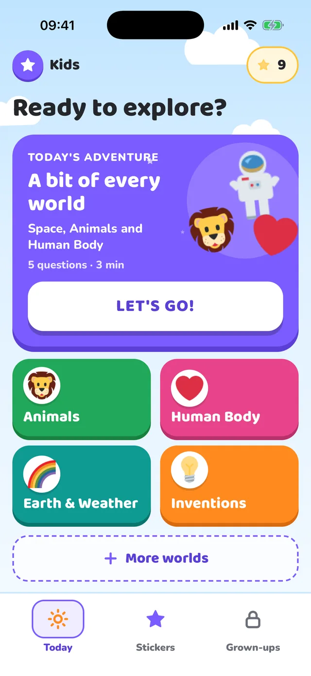 Kids mode: today's adventure and the kid's worlds
